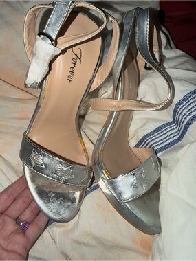Silver Star-Accent Ankle-Strap Heels